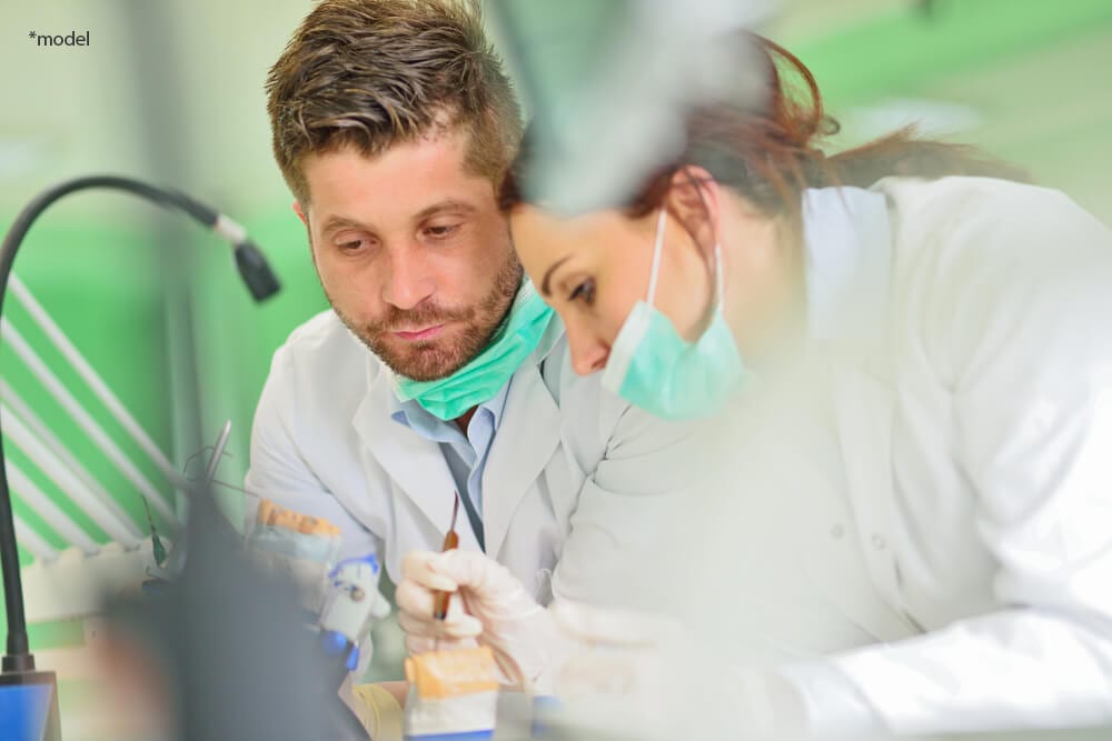 Dentists working on prosthetic teeth.