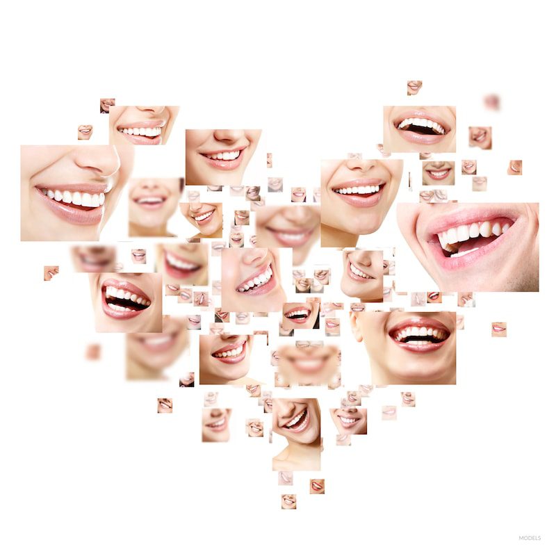 Collage of healthy, bright smiles in the shape of a heart. o